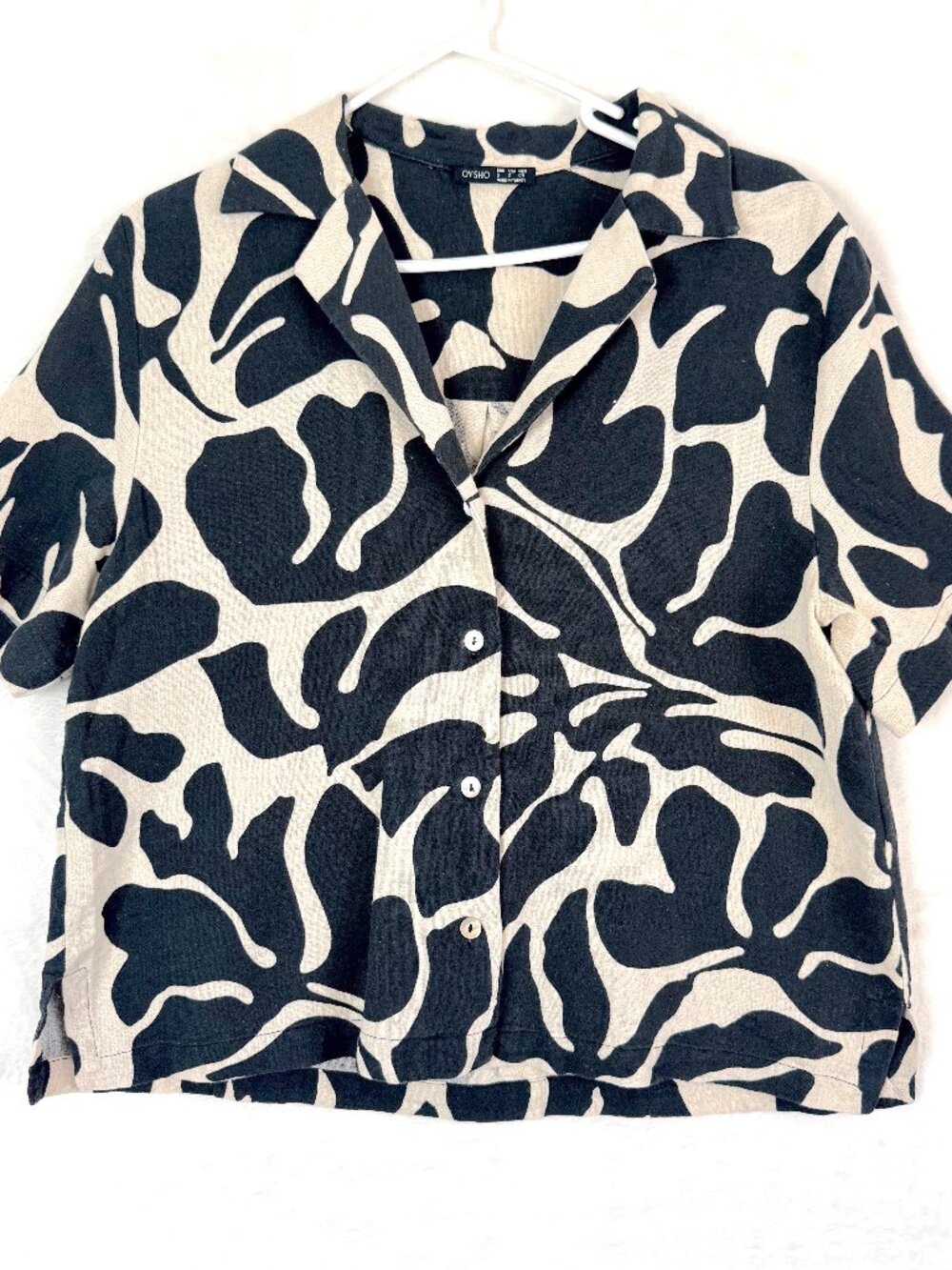 OYSHO Linen Cotton Abstract Lagenlook Relaxed Collared Button Up Shirt Womens S